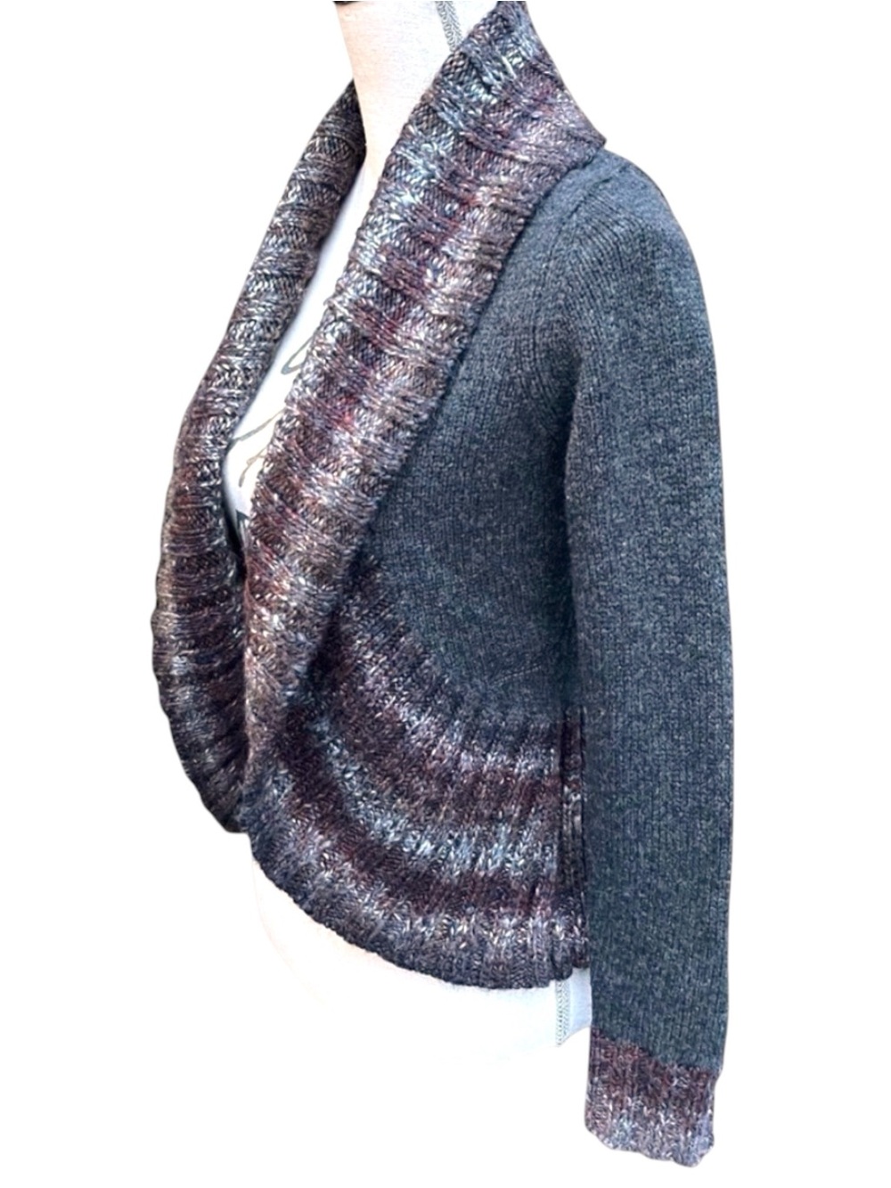 Woolrich OnyxGrey Multi Wool Shawl Collar Short Open Front Cardigan Sweater (XS)